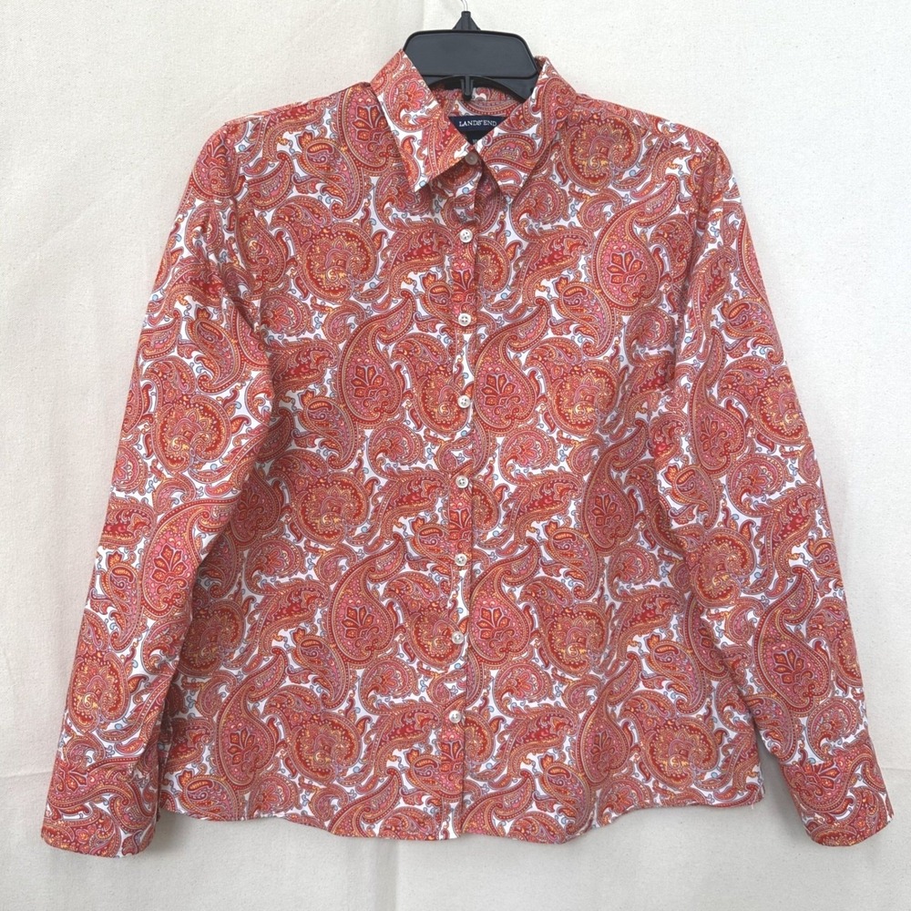Lands End‎ No Iron Boho Paisley Supima Cotton Button Down Shirt 10P Red Orange